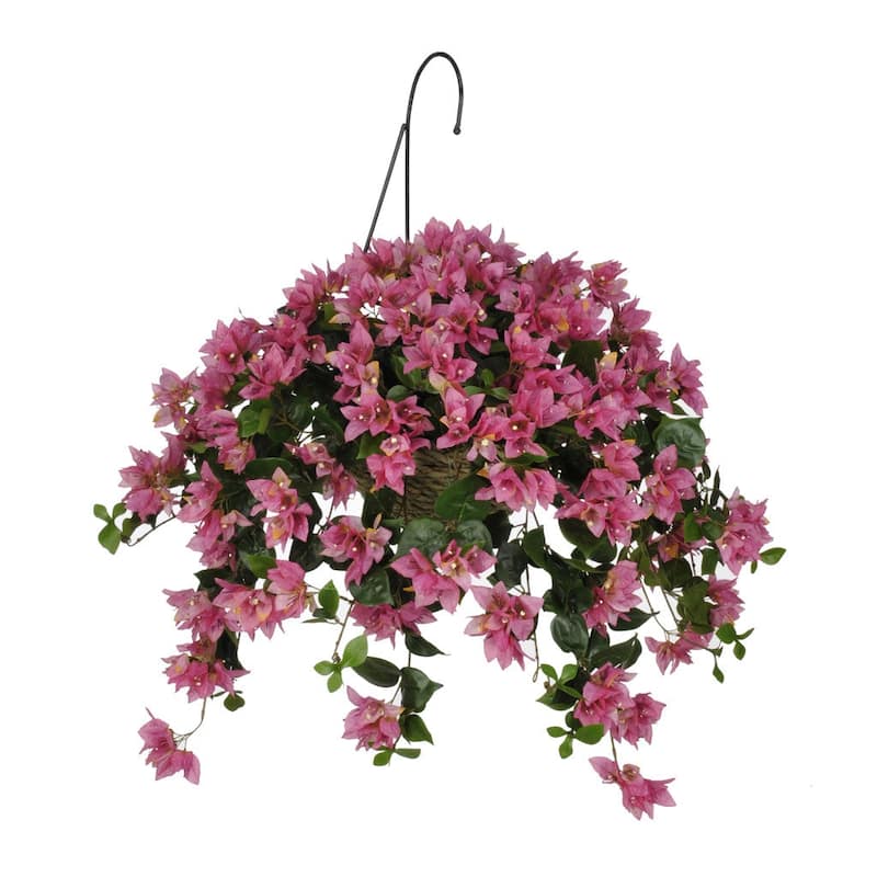 Faux Orchid Pink Bougainvillea Hanging Basket - White Water Hyacinth