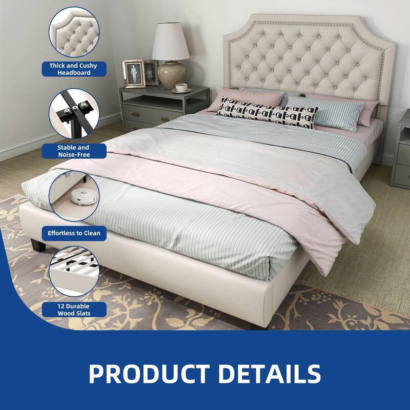 Moasis Linen Upholstered Platform Bed Velvet Bed Frame with Adjustable Headboard
