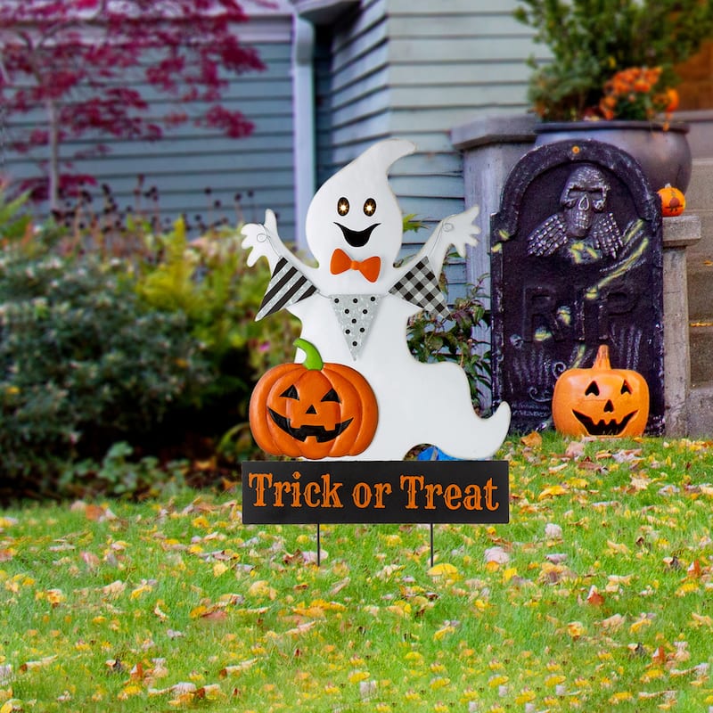 Glitzhome 32"H Lighted Halloween Metal Ghost Yard Stake Hanging Decor with Timer