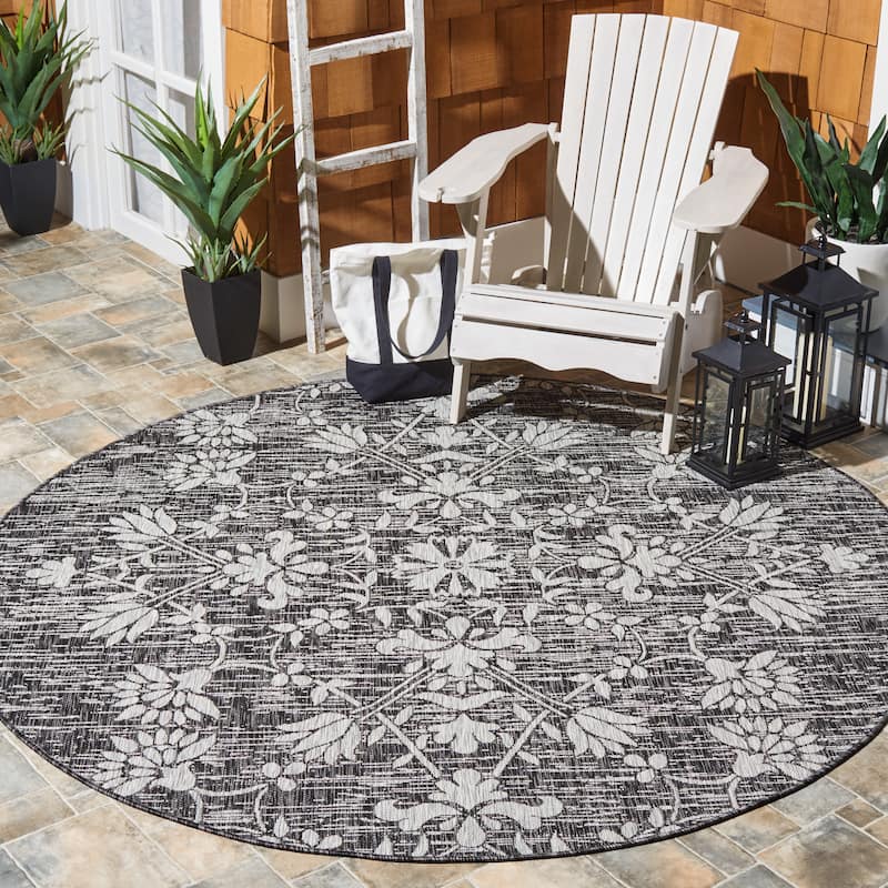 SAFAVIEH Courtyard Rilka Indoor/ Outdoor Waterproof Patio Backyard Rug - 6'7" Round - Black/Light Grey