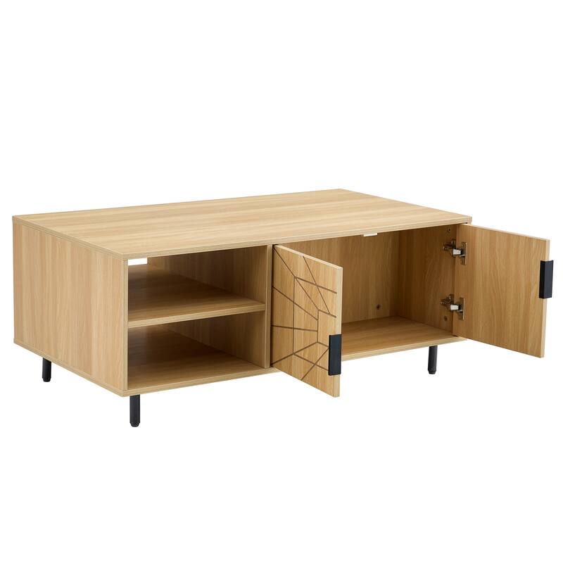 Modern Spider Web Texture Coffee Table Natural Wood Tone Geometric Art Coffee Table with Open Shelves, for Living Room