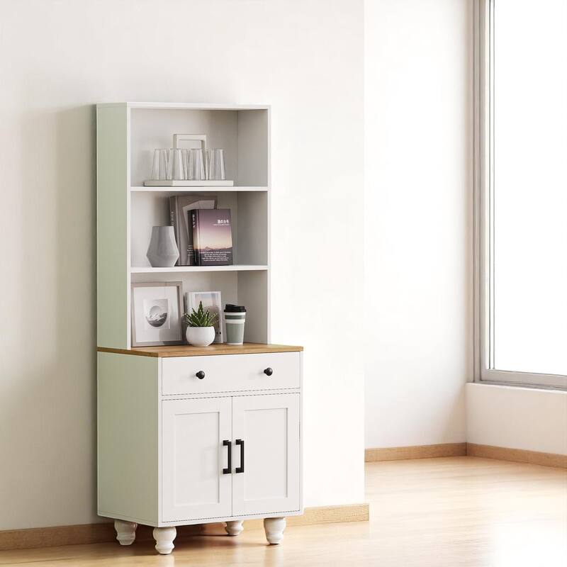 62.9" Farmhouse Kitchen Pantry Cabinet with 4 Solid Wood Legs, Open Shelves, Drawer, and Enclosed Storage Compartment