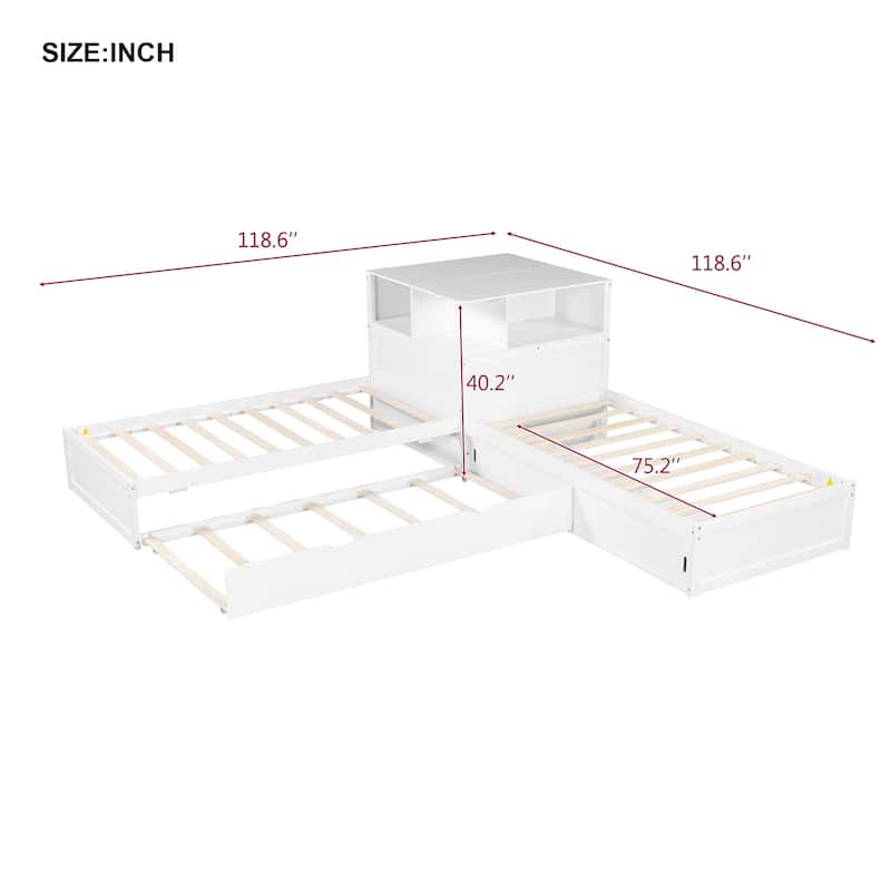 Roomfitters Twin L-Shaped Platform Bed with Trundle, Storage Cabinets and LED Desk
