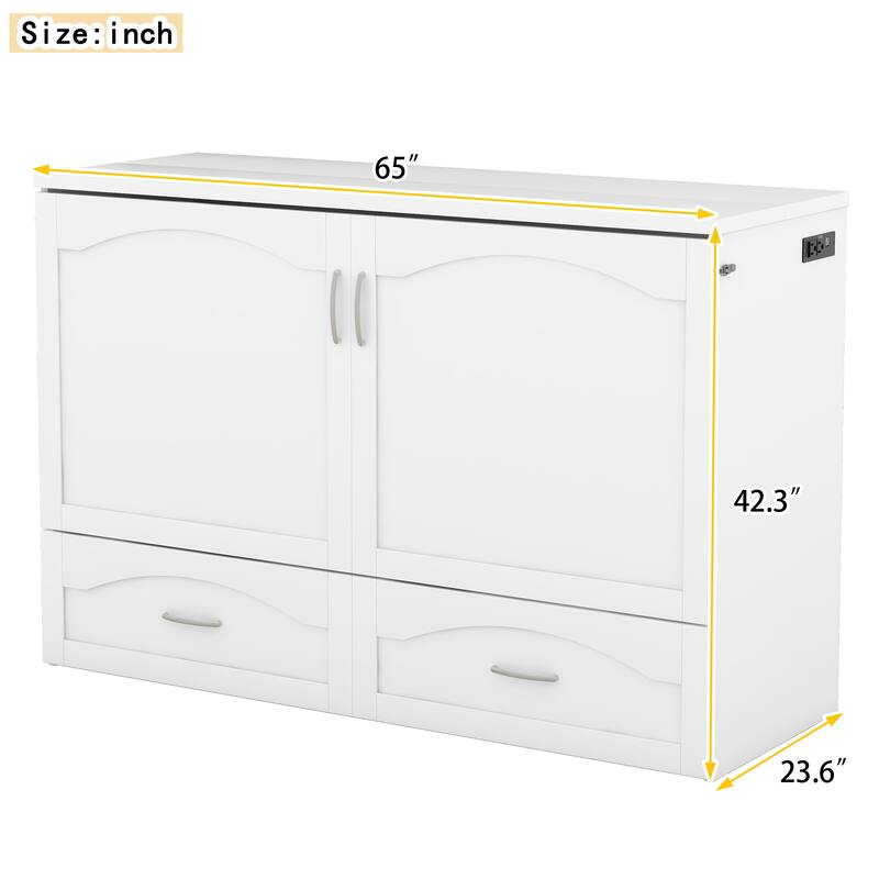 Queen Size Multi-Function Murphy Bed with USB Ports & 2 Drawer, Pulley Structure Design Space-Saving Foldable Wall Bed, White