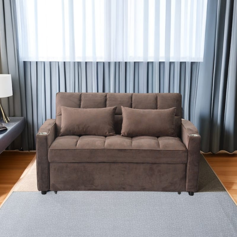 Velvet Convertible Sofa Bed with USB Ports and Storage Bag for Living Room or Guest Room