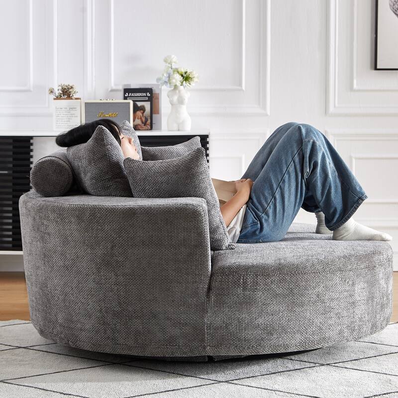 360 Degree Swivel Sofa Chair with Backrest Pillow for Livingroom 55'' Chenille Single Sofa, Round Fluffy Sleeper Sofa