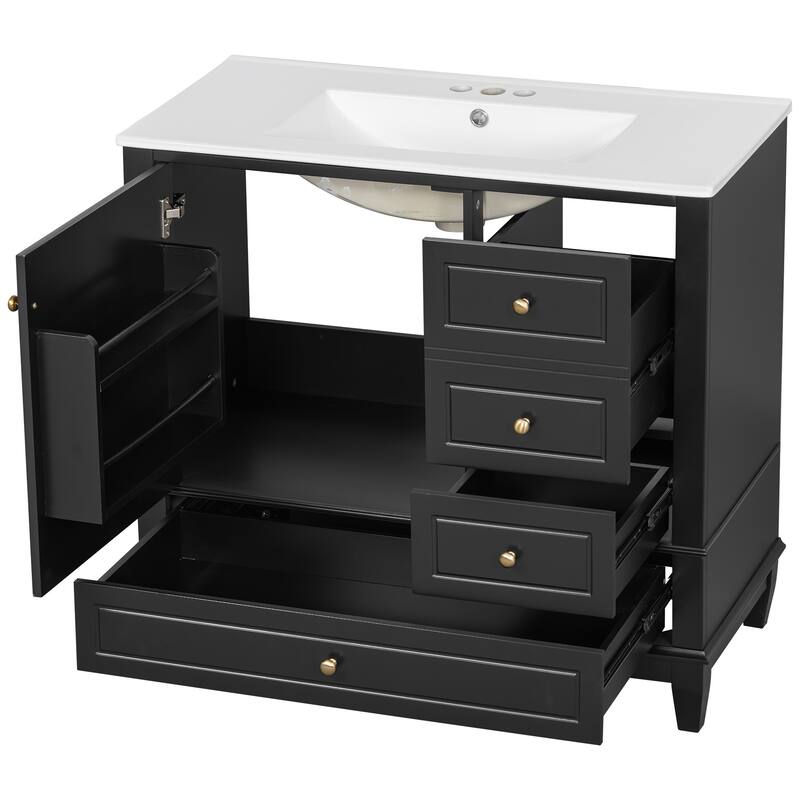 Roomfitters 36" Bathroom Vanity with Ceramic Sink, Solid Wood Frame, 3 Drawers & Soft-Close Door with Racks