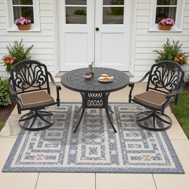 3-Piece Aluminum Round Outdoor Patio Dining Set, 2 Cushioned Swivel Chairs, Table, All-Weather Frames