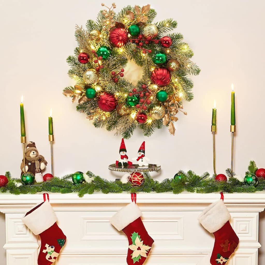 16 Inch Prelit Christmas Wreath for Front Door, Fireplace - N/A
