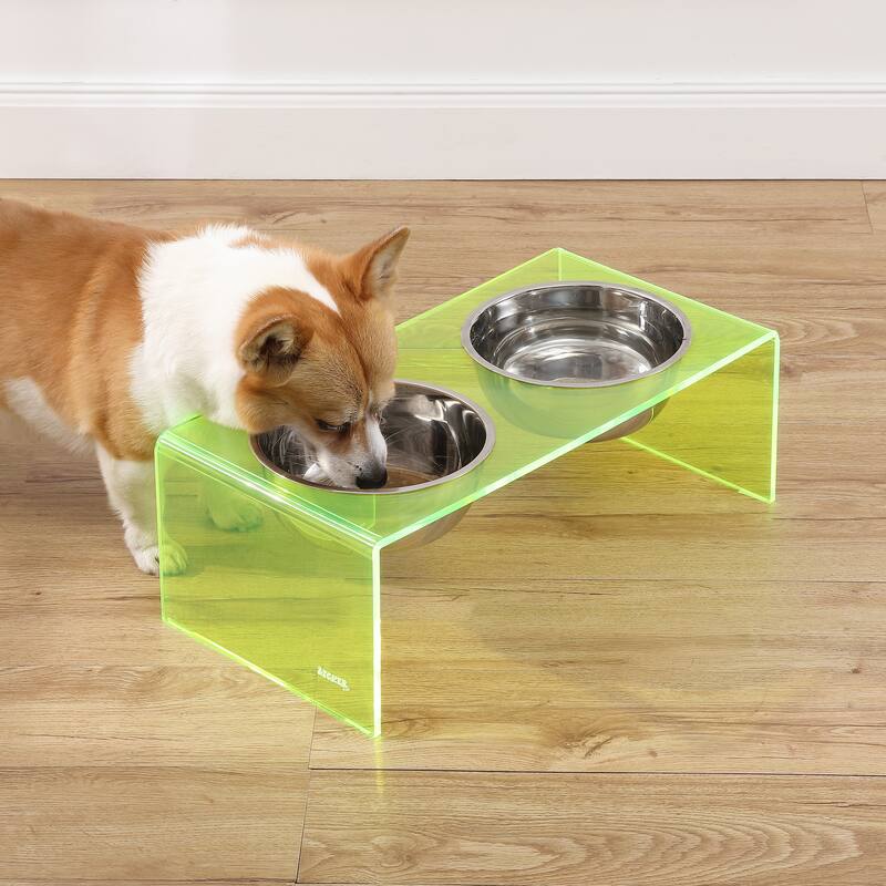 Keaton 7.5" Medium/Large Modern Lucite Rectangular Elevated Pet Feeder with 54oz 2-Stainless Steel Bowls