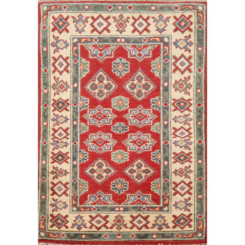 Hand Knotted Oriental 100% Wool Carpet Traditional Geometric Red Kazak Area Rug - 3' 0'' X 2' 0''