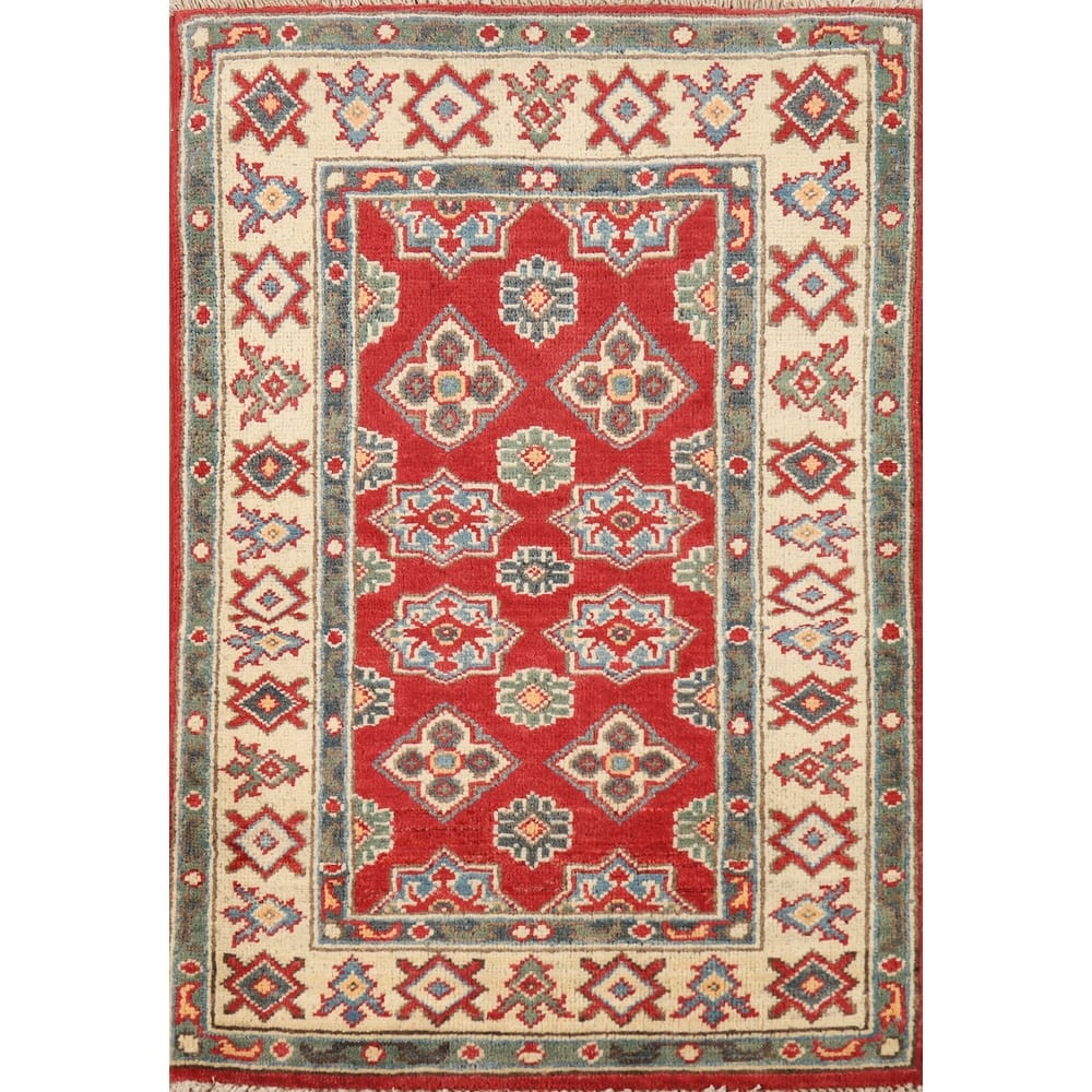 Hand Knotted Oriental 100% Wool Carpet Traditional Geometric Red Kazak Area Rug - 3' 0'' X 2' 0''