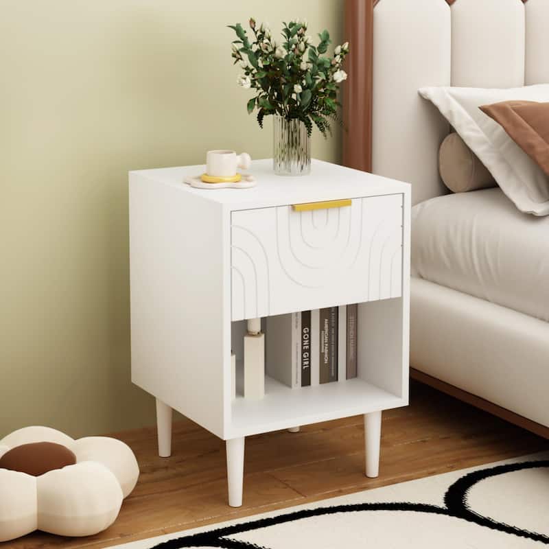 Modern White Nightstand with Gold Handle, 1 Drawer & Open Shelf - White