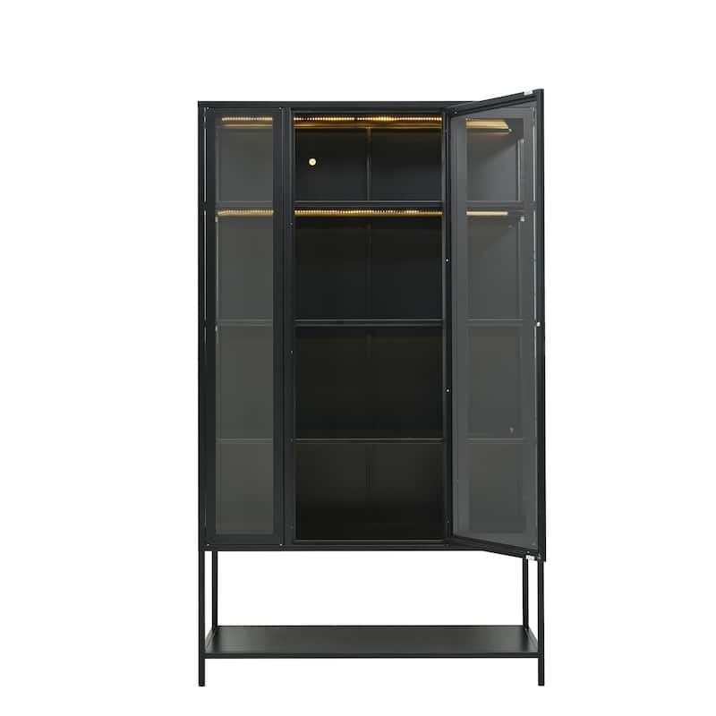 67.25"Tall Iron Display Cabinet with Glass Door and LED Lights Steel Curio Cabinet 3-Sided Glass Display Case