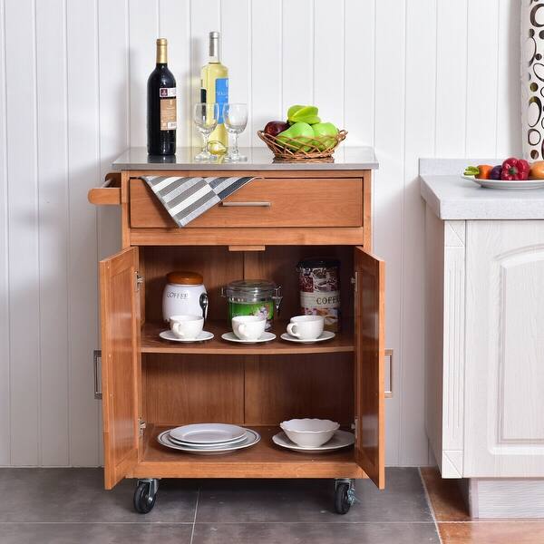 Shop Costway Wood Kitchen Trolley Cart Stainless Steel Top Rolling Storage 28 5 L X 19 W X 35 5 H On Sale Overstock 22574495