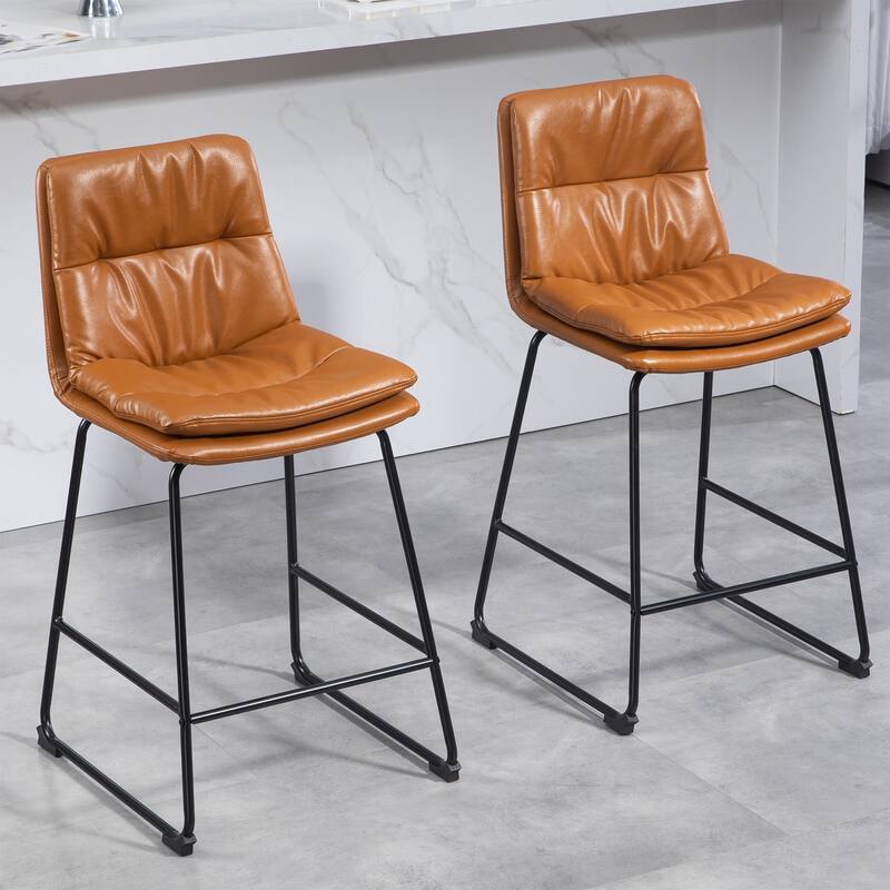 Set of 2 Bauer Brown Faux Leather Counter Stool with Black Iron Legs