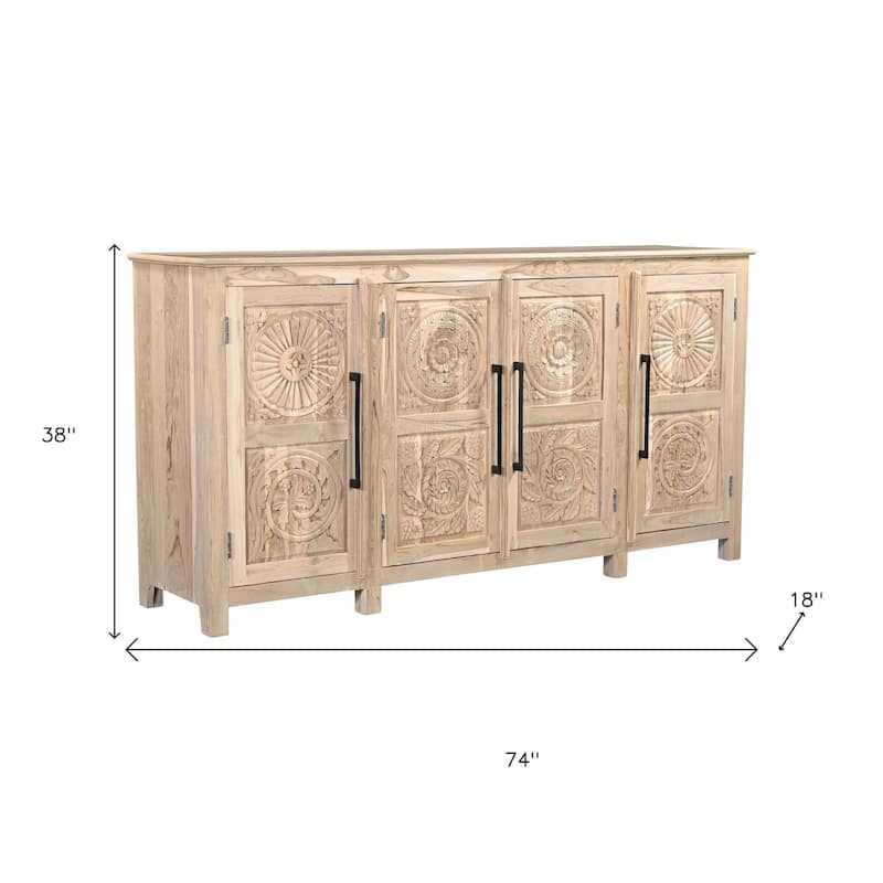 HomeRoots 74" Natural Distressed Solid Wood Carved Floral Sideboard with Four Doors - 74.00 in. x 38.00 in. x 18.00 in.
