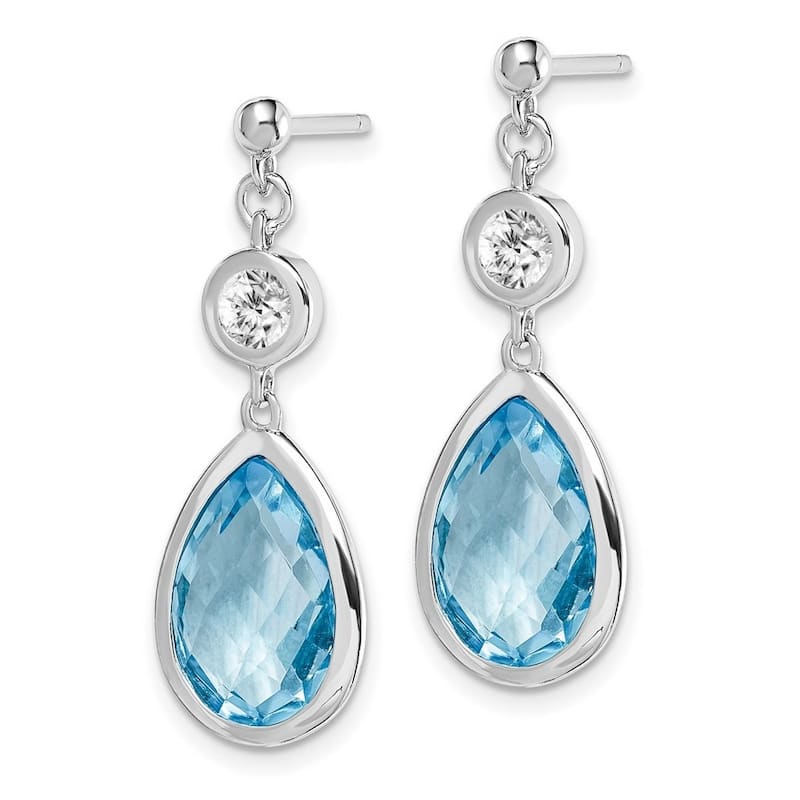 Curata 925 Sterling Silver Rhodium Plated White and Blue Topaz Post Long Drop Dangle Earrings - 28x10.5mm Wide