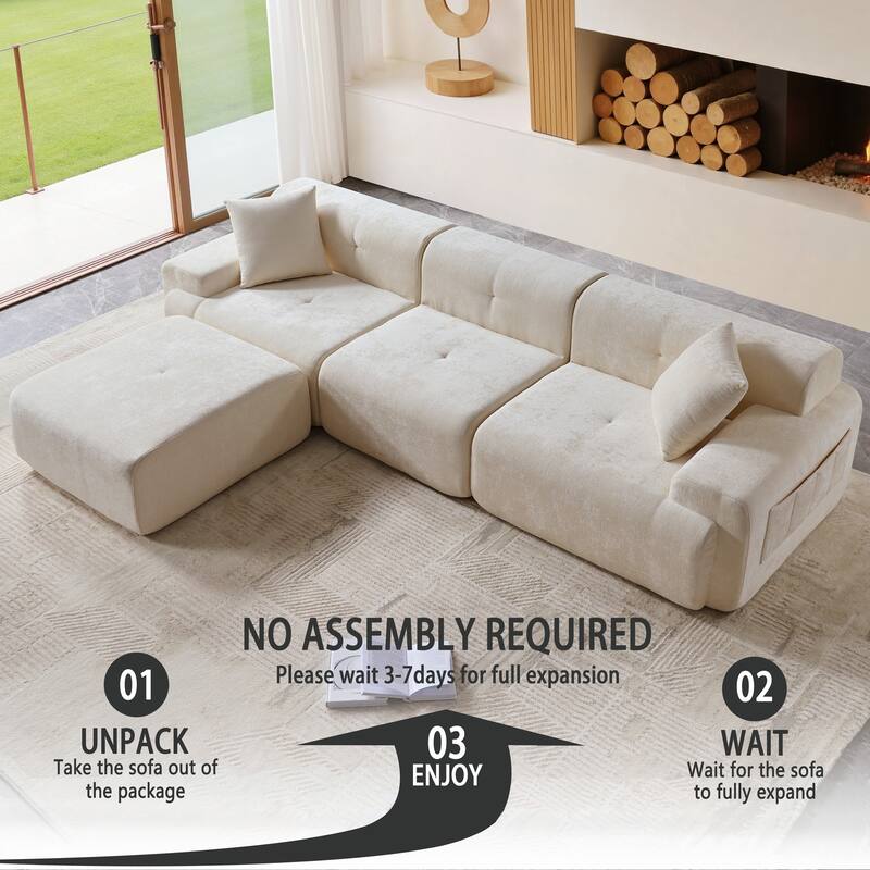 118 inch Oversized 3 Seater L-Shaped Chenille Boneless Modular Sectional Sofa Couch with Movable Ottoman