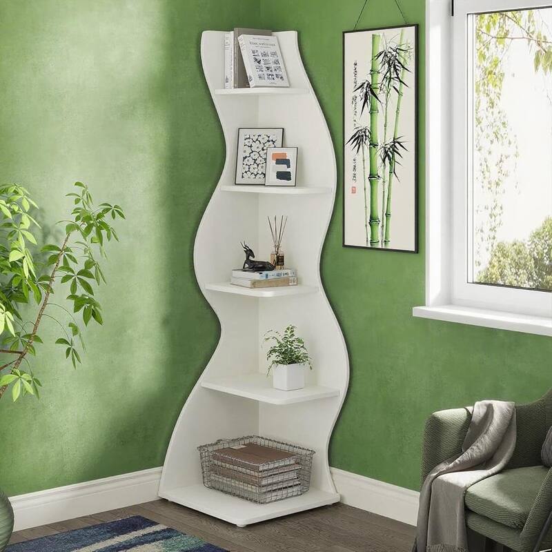 Modern 5-Tier Corner Shelf Unit with Adjustable Shelves for Living Room Office or Bedroom - 19.68” x 18.89” x 69.88” - White