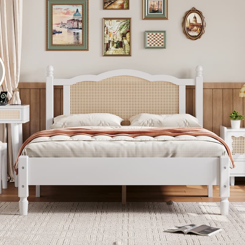Queen/Full Size Wood Platform Bed with Natural Rattan Headboard, Vintage Bed Frame