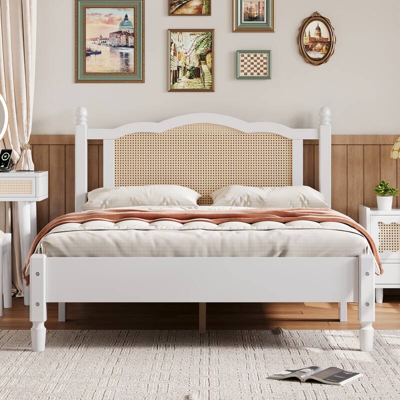 Wooden Platform Bed with Arc Rattan Headboard Bed Frame, Pine Wood Panel Bed, Solid Wood Legs for Bedroom