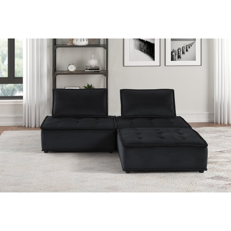 80" Black Velvet 3 Pc Sectional Sofa Ottoman w/ Tufted Seats & Pocket Coil Springs
