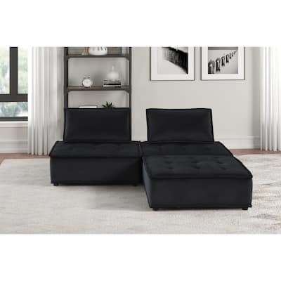80" Black Velvet 3 Pc Sectional Sofa Ottoman w/ Tufted Seats & Pocket Coil Springs