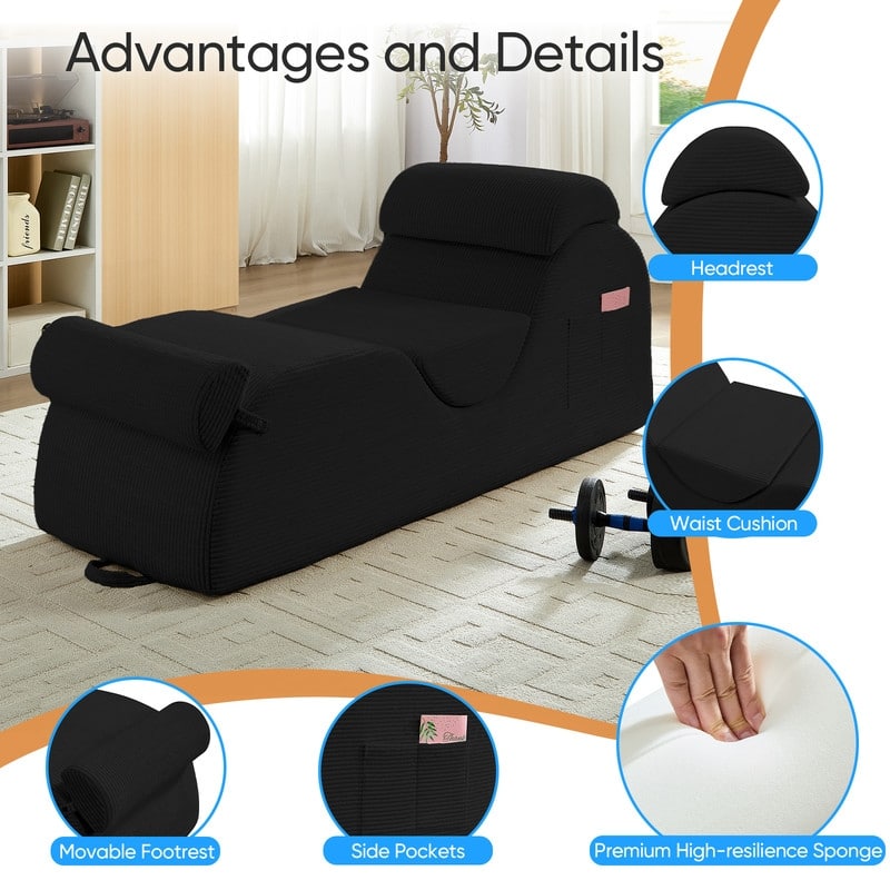 Mixoy Corduroy Yoga Chaise Lounge Chair,Curved Yoga Sofa with Movable Headrest/Waist Cushion/Footrest,Non-Slip Bottom