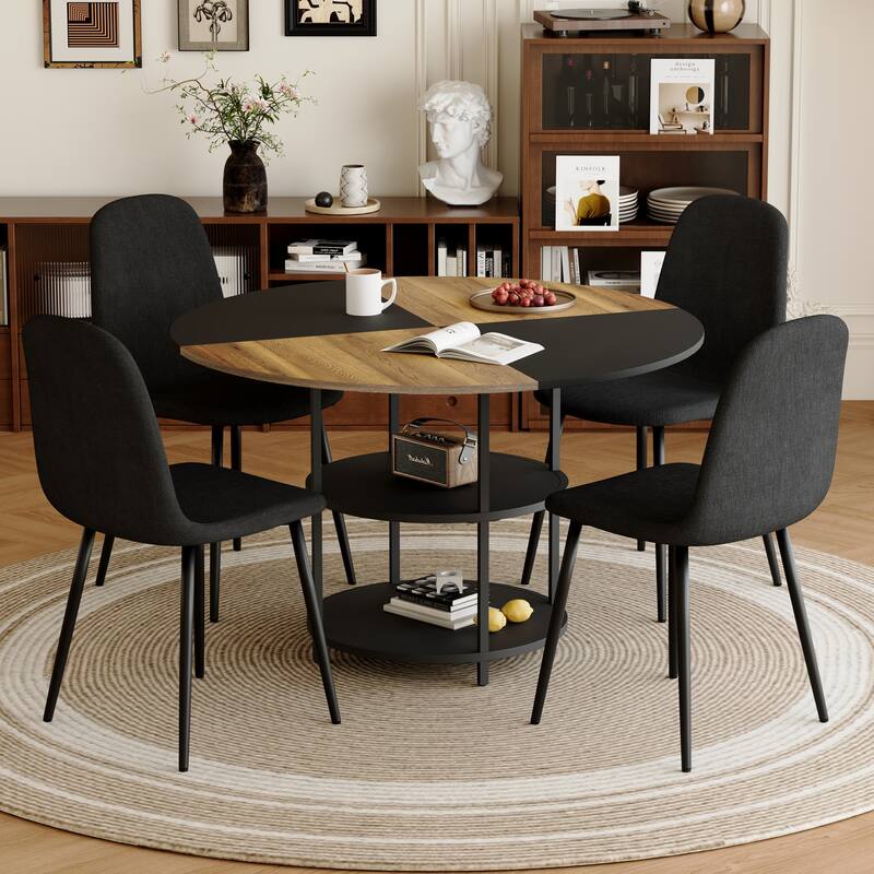5-piece Natural and Black Spliced Round Dining Table Set with Double-Layer Storage Shelf, Anti-Slip Feet