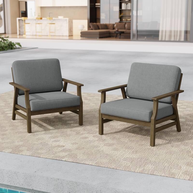 Jamie 2 Set 31" W Outdoor Acacia Wood Club Chairs with Cushions - Brown Wood - Grey