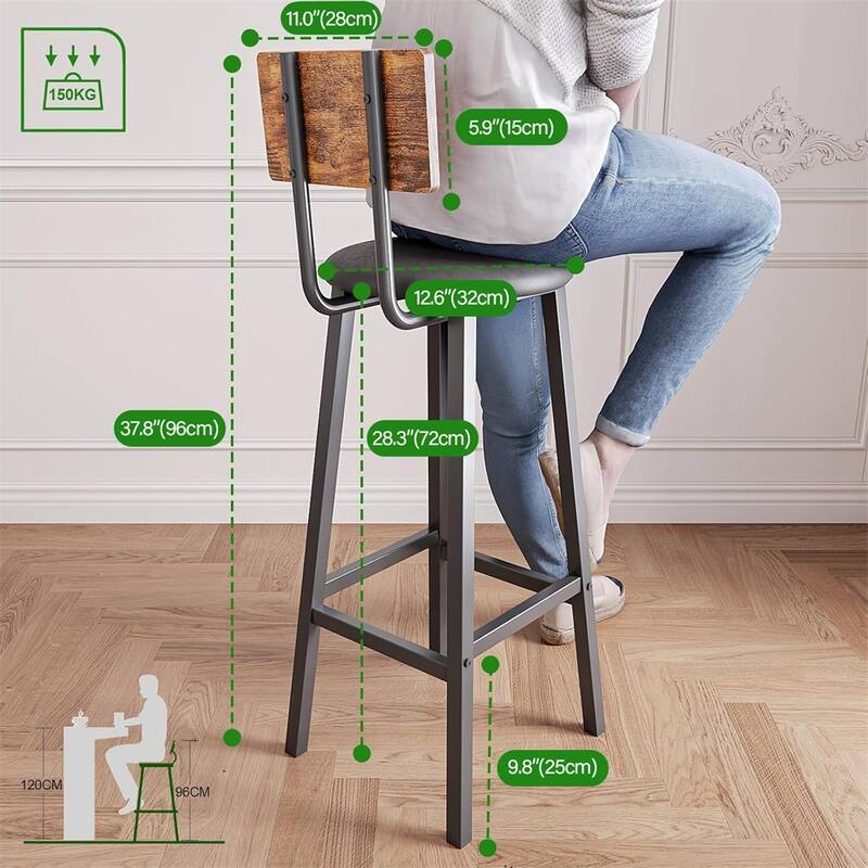 Bar Stool,PU Cushioned Breakfast Stools w/Backrest and Footrest,2 PCS