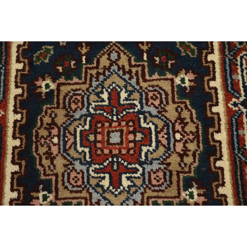 Hand Knotted Oriental 100% Wool Carpet Traditional Geometric Navy Blue & Blues Heriz (serapi) Runner Rug - 8' 4'' X 2' 5''