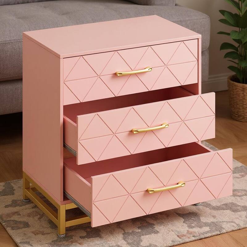 3 Drawer Wooden Dresser, Wood nightstand - Pink
