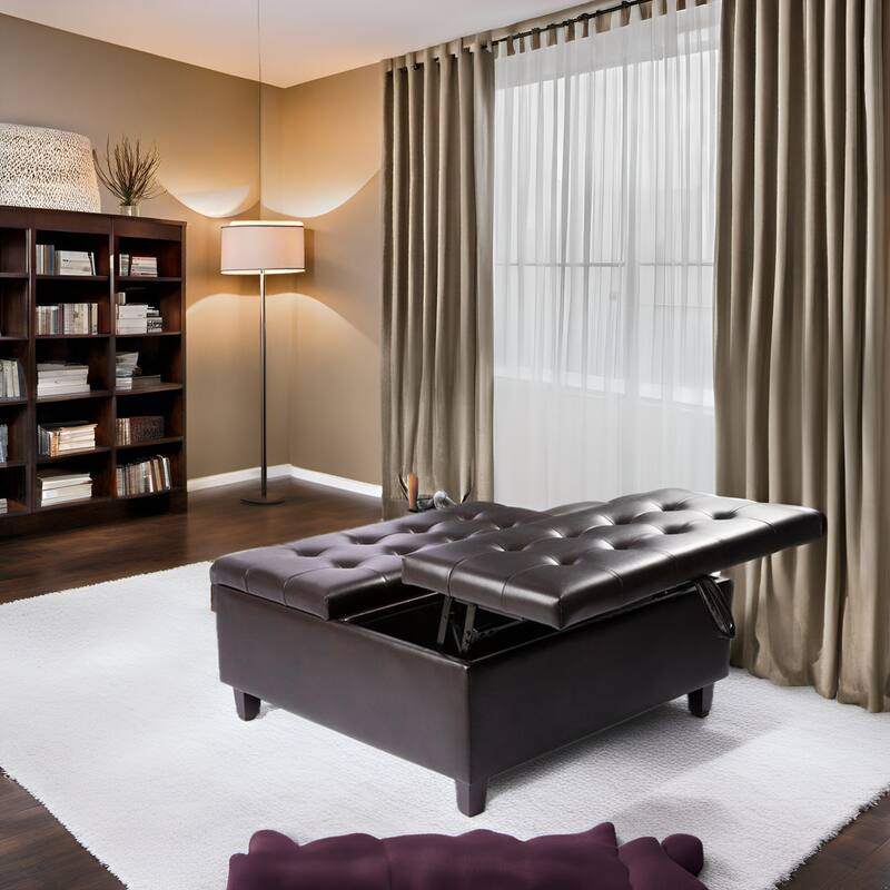 35" Tufted Air Leather Ottoman Bench with Lift-Top & Storage Table