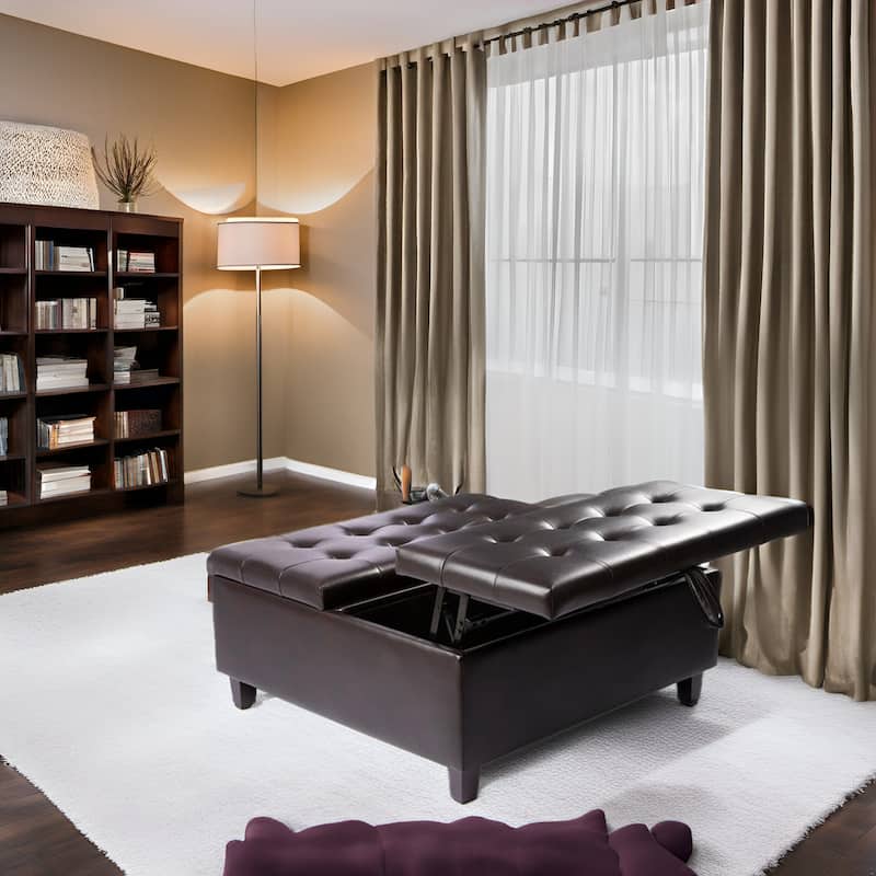 35-Inch Air Leather Tufted Upholstered Lift-Top Ottoman Bench, Large Square Storage Coffee Table for Living Room