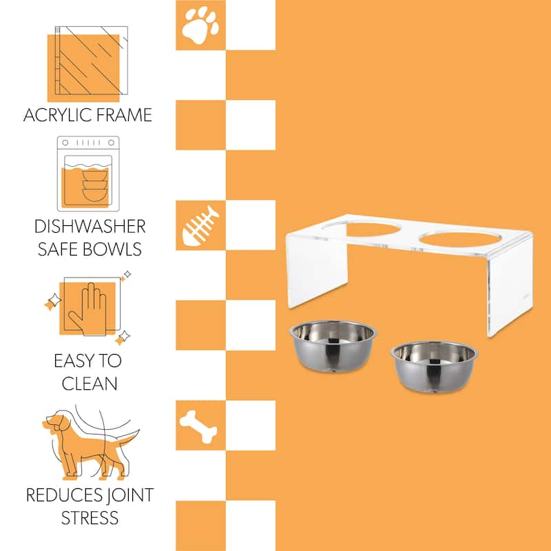 Keaton 7.5" Medium/Large Modern Lucite Rectangular Elevated Pet Feeder with 54oz 2-Stainless Steel Bowls