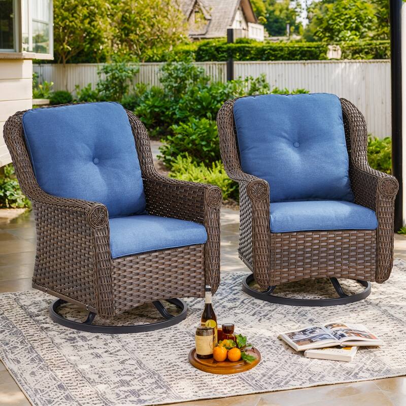 2 Piece Outdoor Swivel Chairs with Cushion - Brown - Blue