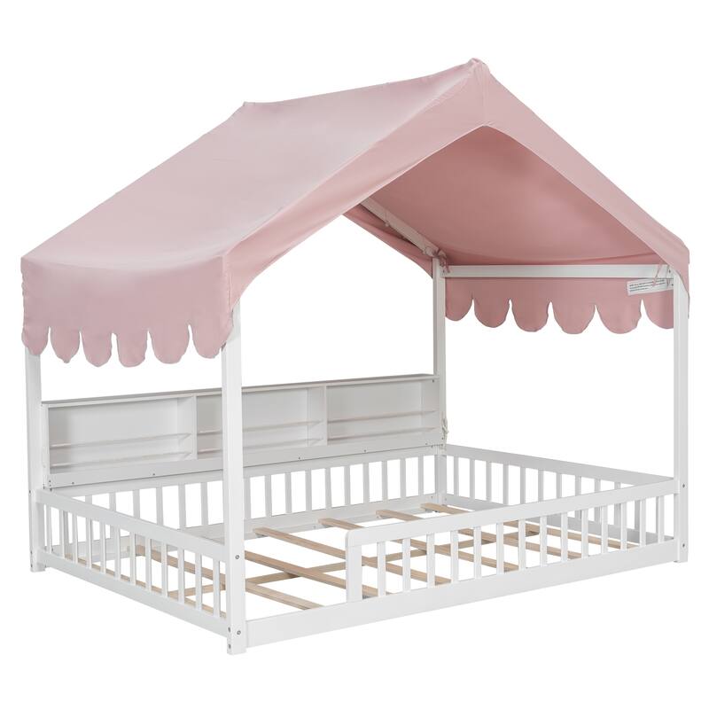 GDFStudio - Solid Wood Full Size House Floor Bed with Storage Shelves and LED