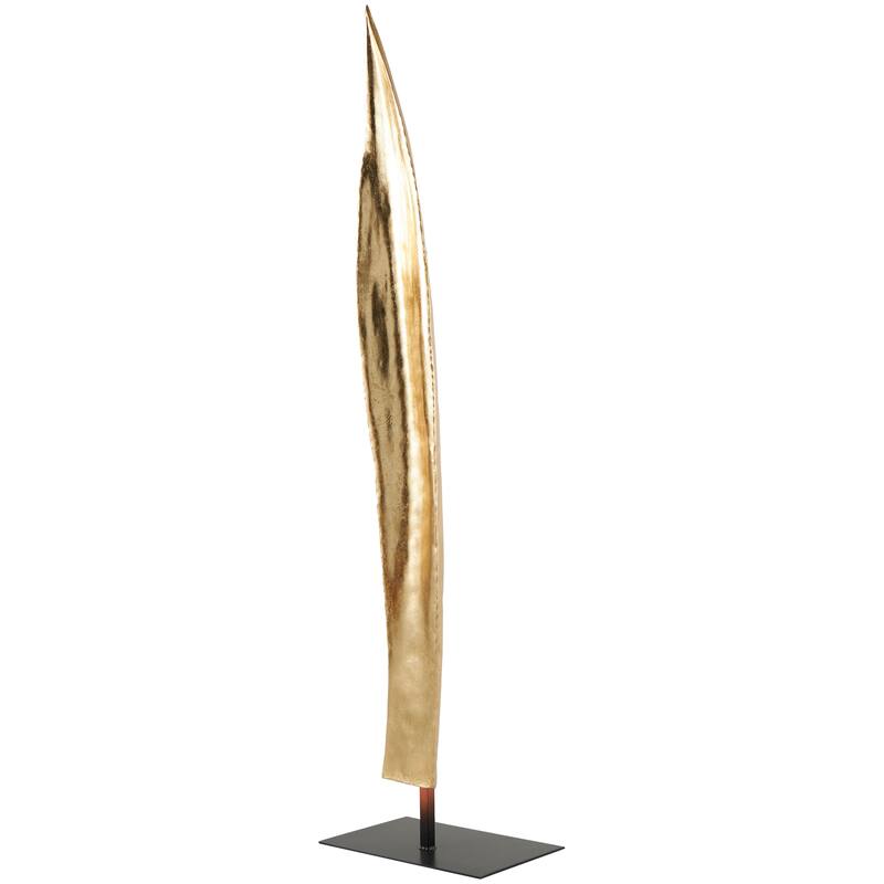 Gold Polystone Slim Abstract Leaf Sculpture with Black Metal Stand