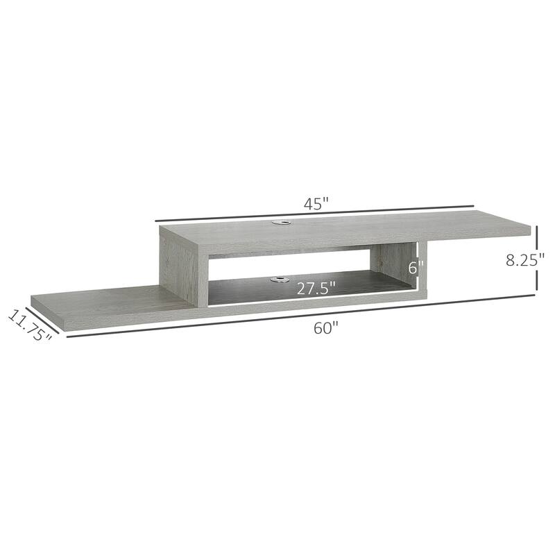 Grey Floating TV Console Wall Mounted Two Tier Asymmetrical Design with Cable Management for Modern Living Room