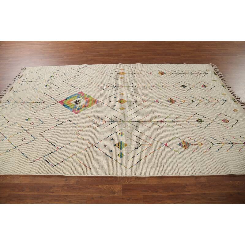 Ivory Geometric Moroccan Oriental Area Rug Handmade Wool Carpet - 5'11"x 9'6"