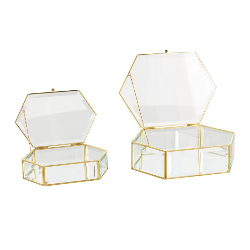 Clear Glass Beveled Hexagon Geometric Decorative Jewelry Box with Gold Metal Frame and Chain Accent (Set of 2)