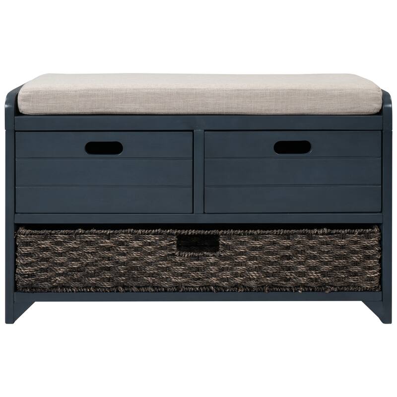 Storage Bench with Removable Basket and 2 Drawers, Fully Assembled Shoe Bench with Removable Cushion - Navy Blue