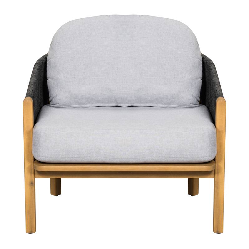 Roomfitters Grotta Outdoor Acacia Wood Club Chair with Rope Woven Back, Teak Finish and Grey