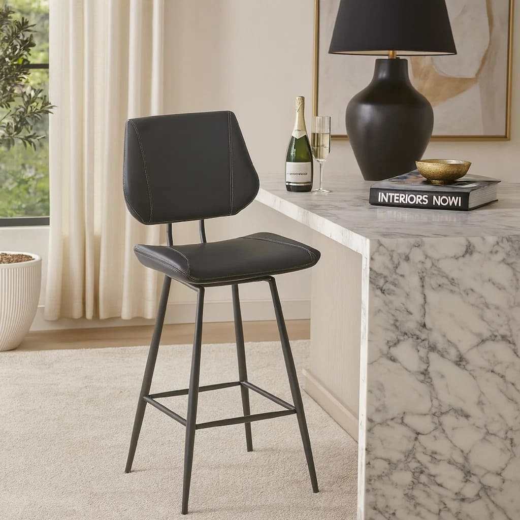 Leather Upholstered and Metal Bar Height Stool, Stitch Details, Set of 2, Black