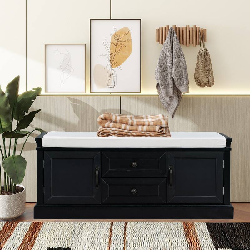 Shoe stool, 2 drawers, 2, removable pads, living room locker, entrance - Black