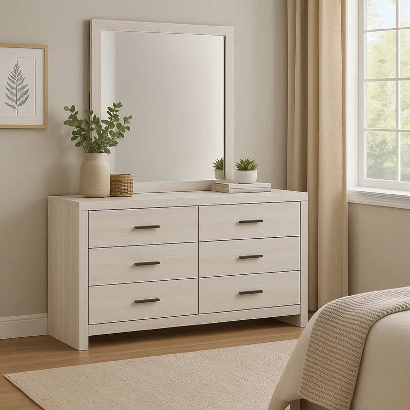 Sili Wide Dresser with Rectangular Mirror, 6 Drawers, Ivory White Wood