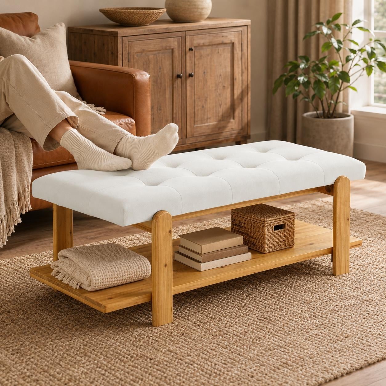 47.2" Tufted Cocktail Ottoman with Solid Wood Shelf and Padded Top