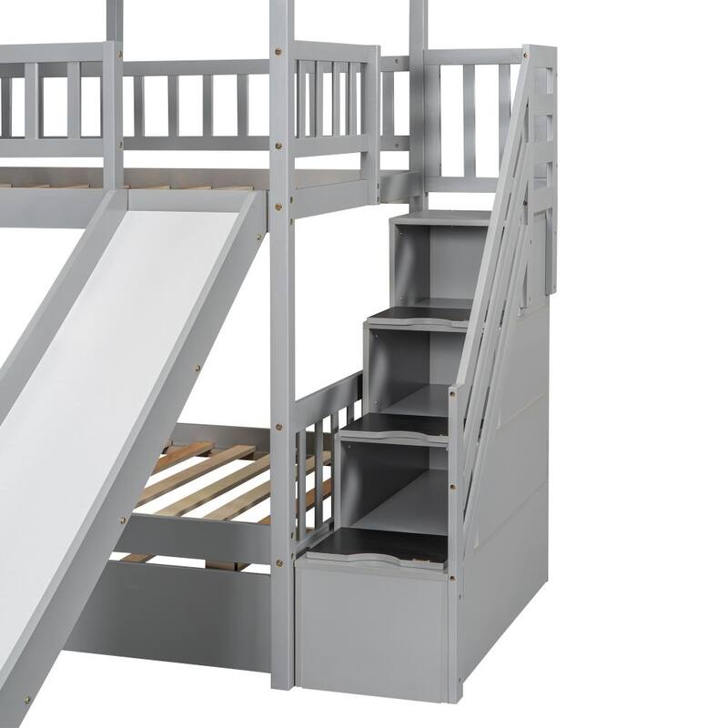 Twin over Twin House Bunk Bed with Trundle and Slide, Storage Staircase, Roof and Window Design
